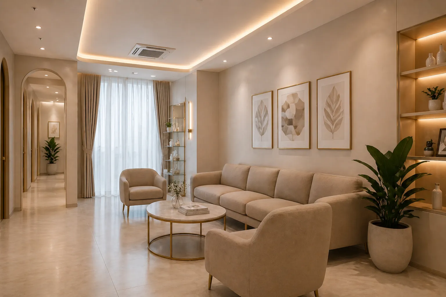 Beige modern living room with sofa, two armchairs, round coffee table, wall art, and potted plants.